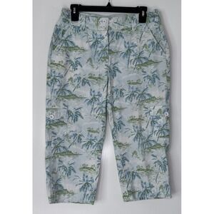 Vintage LL Bean Island Palm Print Capri‎ Pants Women's 10 Blue Green Cotton